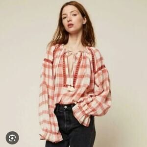 Free People Honey Grove Plaid Top Large Gingham Tassel Peasant Orange Gauzy L/S